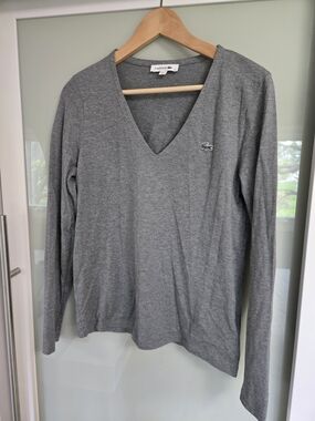 Lacoste V-Neck Long Sleeve Top - Heather Gray Cotton Women's Size 8/40